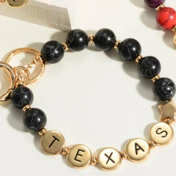 Jet Black Howlite Natural Stone Beaded 'Texas' State Keychain Bracelet - Picture 2 of 3